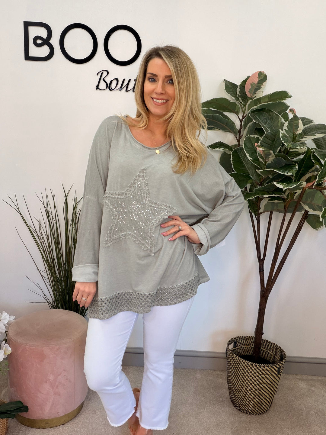 Ladies Fashion Oversize Star Sweatshirt style Top - black, white, pink, raspberry & grey