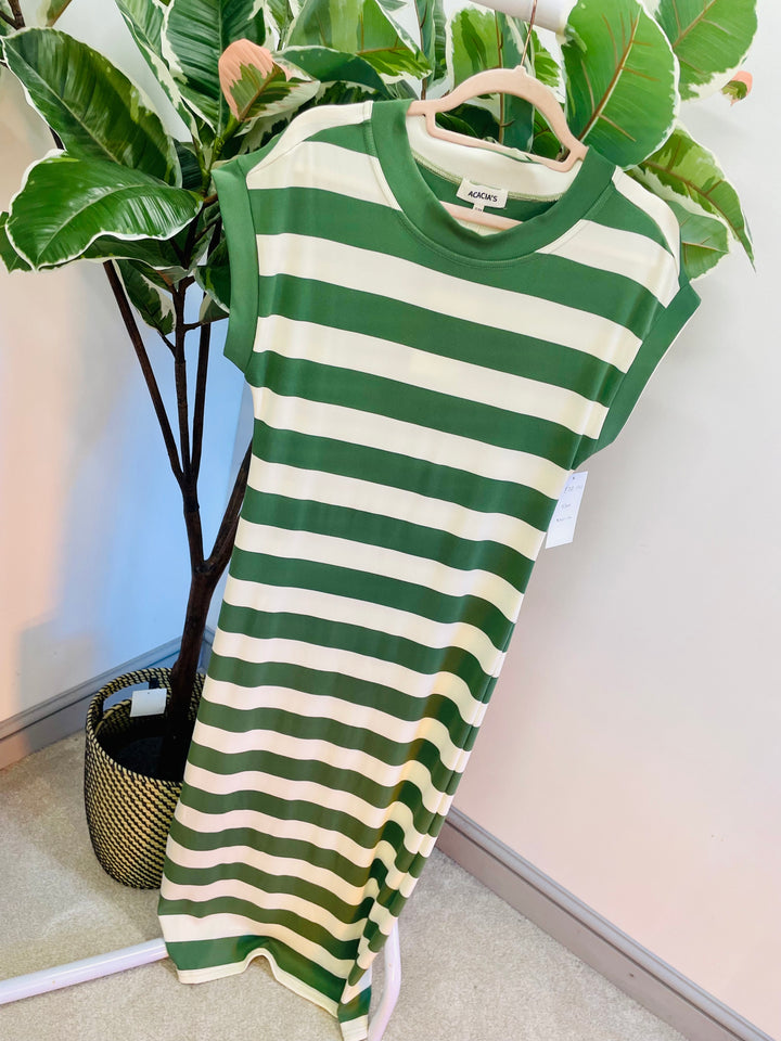 LADIES WOMENS STRIPE T SHIRT MAXI DRESS - BROWN, KHAKI & NAVY