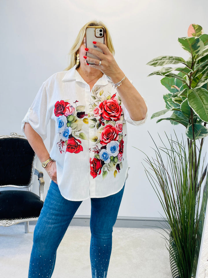 LADIES WHITE FLORAL PRINT LINEN SHIRT