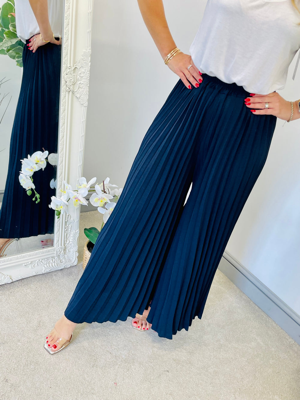 LADIES PLEATED WIDE LEG CULOTTE TROUSERS - BLACK, NAVY, BROWN, BEIGE