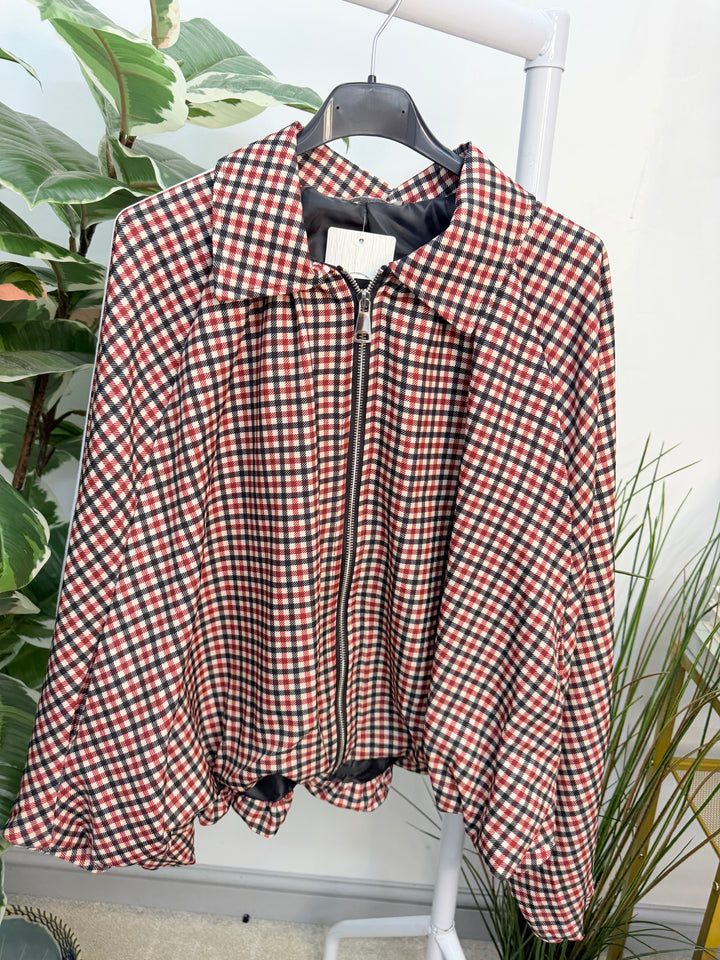 The MONICA check sports luxe bomber jacket - red and black