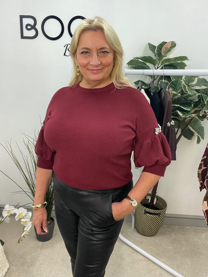 LADIES SOFT KNIT PUFF SLEEVE DIAMANTE JUMPER - BLACK, BURGUNDY, BEIGE & BROWN