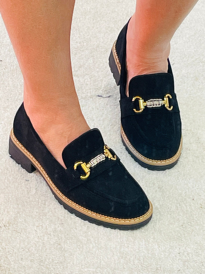 LADIES WOMENS BLACK FAUX SUEDE FLAT LOAFER BROGUE SHOES