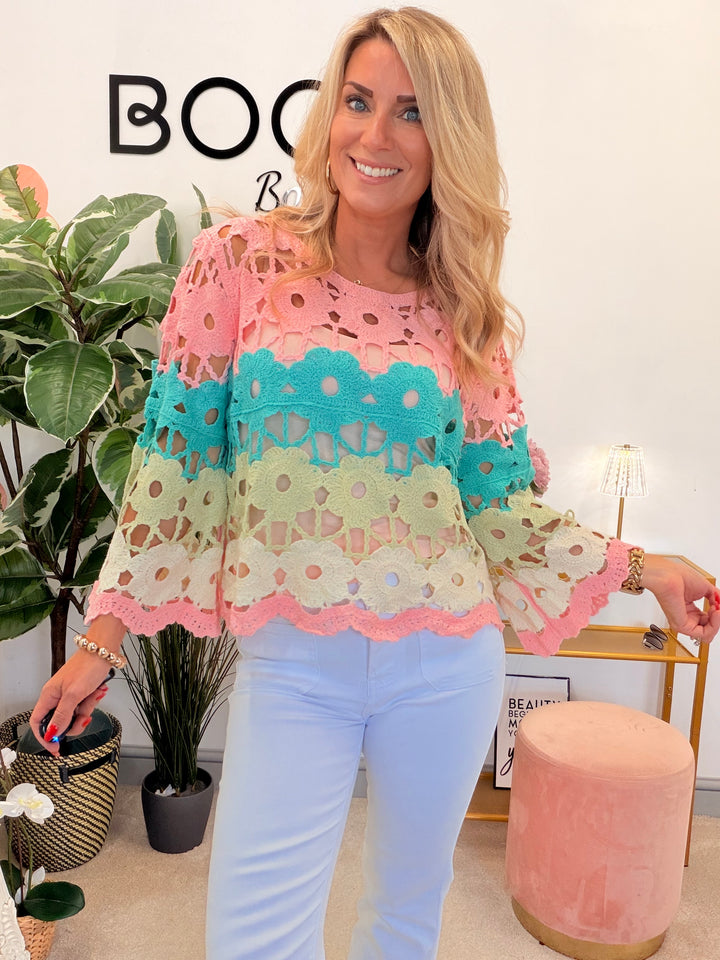 Ladies Rainbow Crochet Summer Stripe Top - Pink, Blue