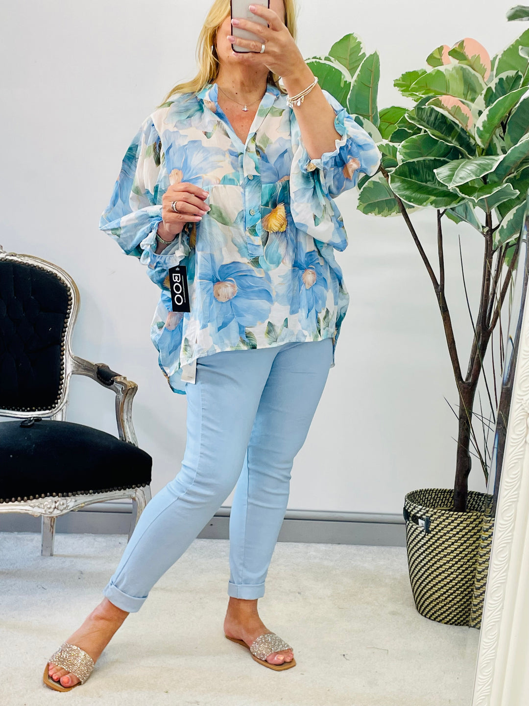 LADIES WOMENS PALE BLUE CRINKLE STRETCH CASUAL MAGIC TROUSERS