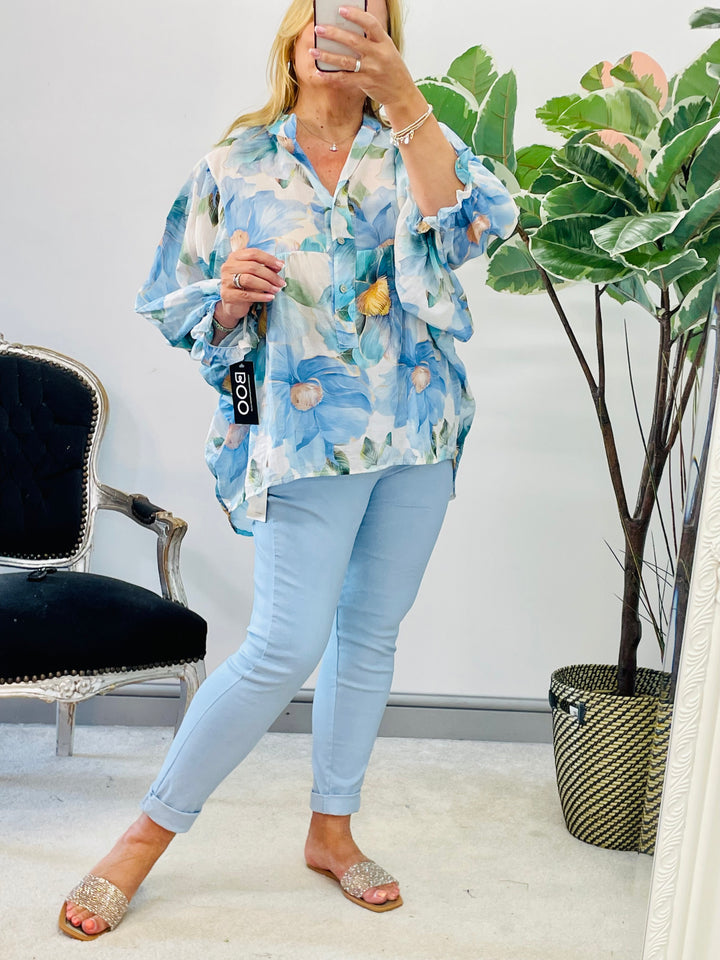 LADIES WOMENS PALE BLUE CRINKLE STRETCH CASUAL MAGIC TROUSERS