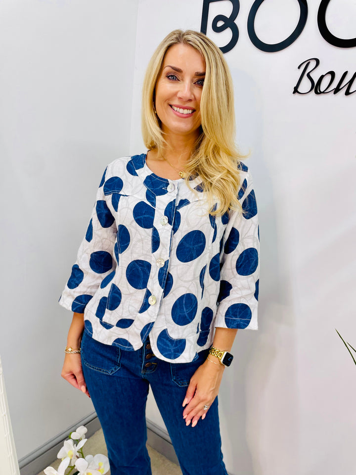 LADIES WHITE & NAVY LINEN CROPPED JACKET TOP