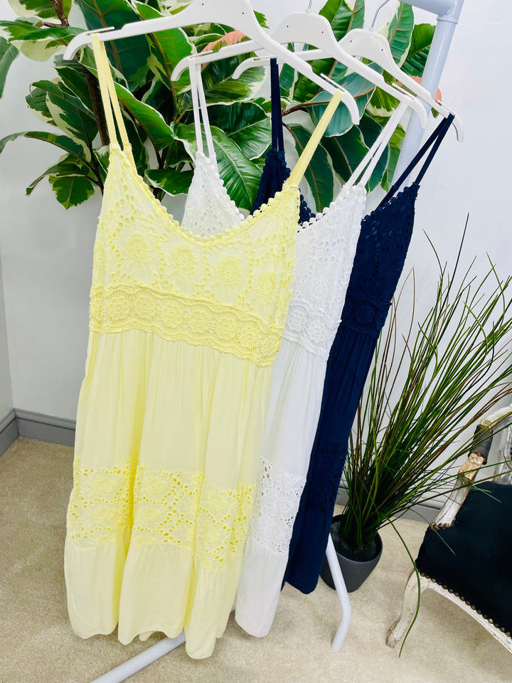 LADIES PRETTY BOHO FEMININE CROCHET DRESS - NAVY, WHITE & LEMON