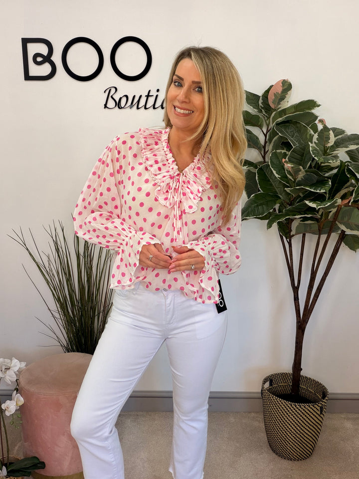 Ladies Fashion White Cotton Polka Dot Pretty Blouse - pink & navy