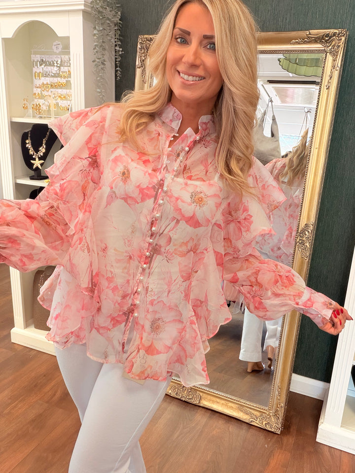 Ladies Sheer Pink Frill Blouse Top