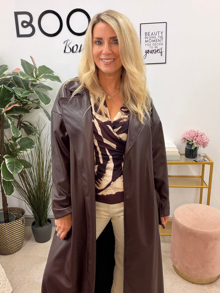Womens fashion faux leather trench coat - plum, black & brown