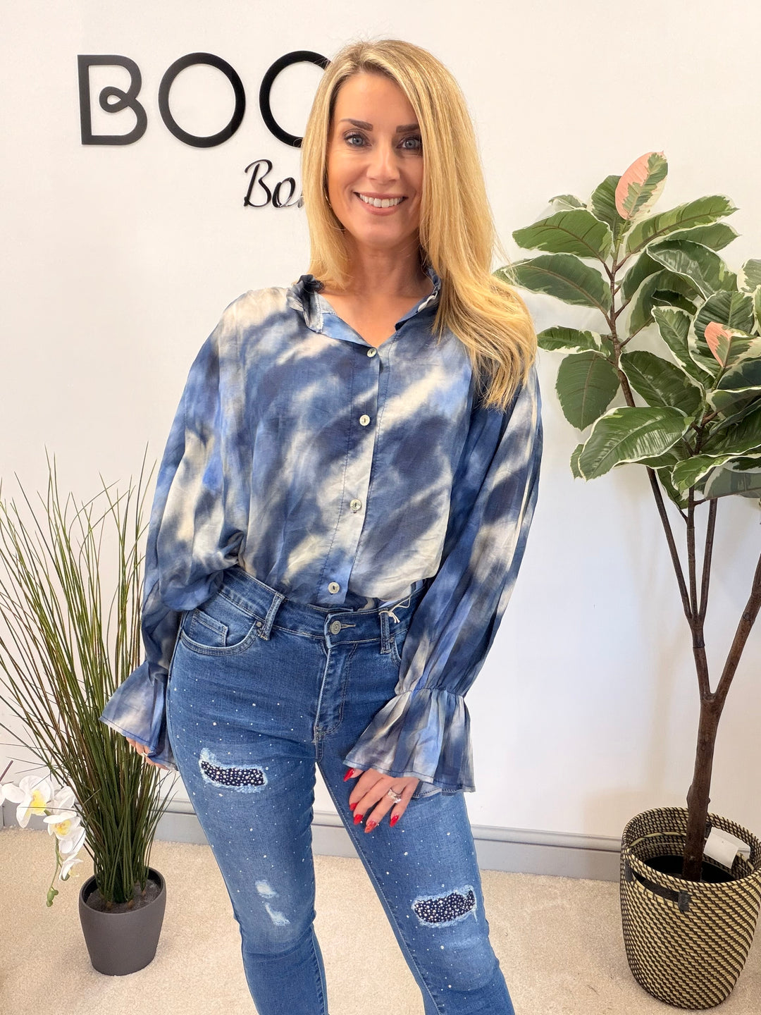 LADIES TIE DYE LOOSE FIT BLOUSE - PINK, NAVY, PALE BLUE