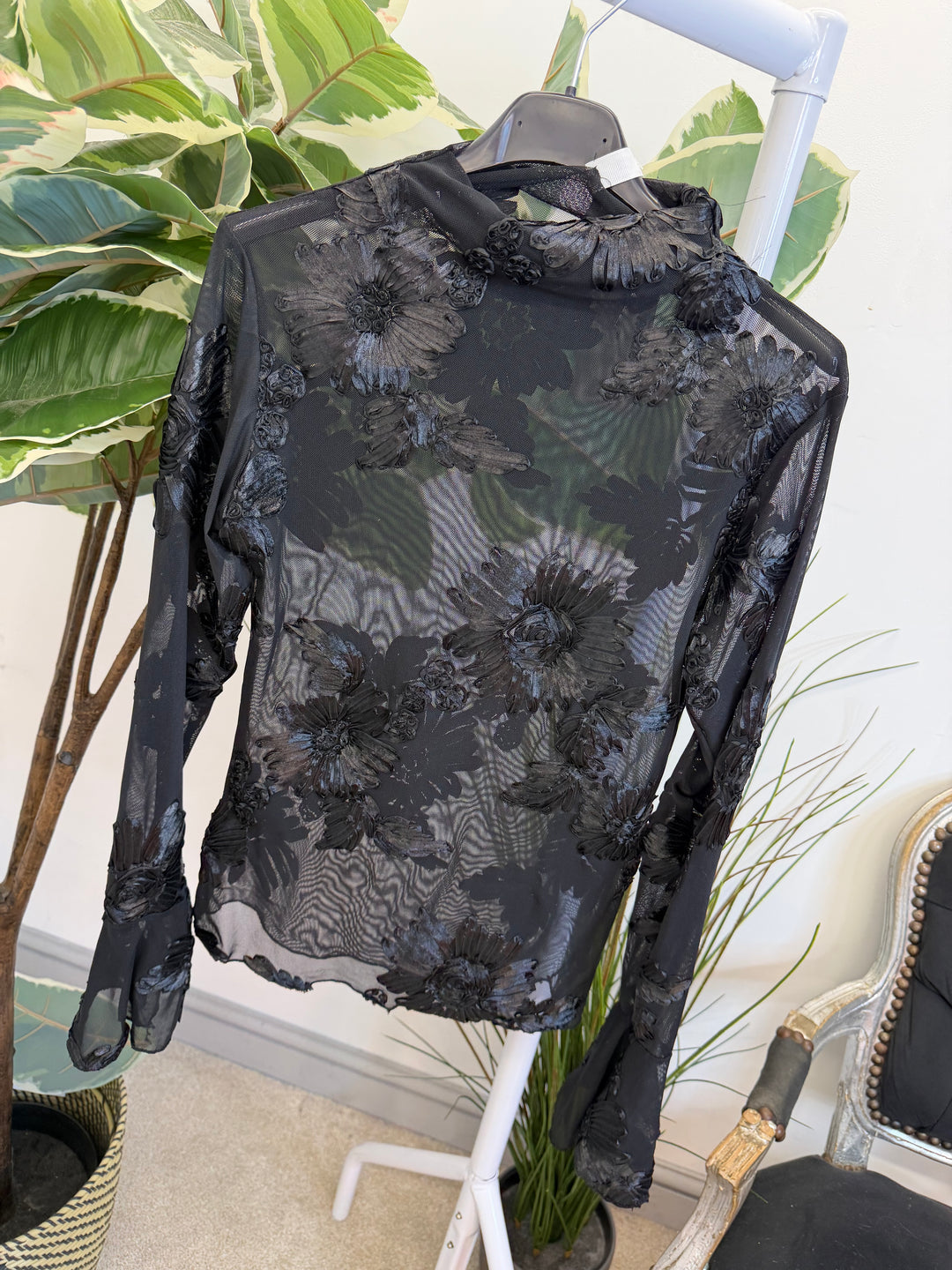 LADIES SHEER LACY TOP - BLUE, BLACK, WHITE, PINK & BROWN