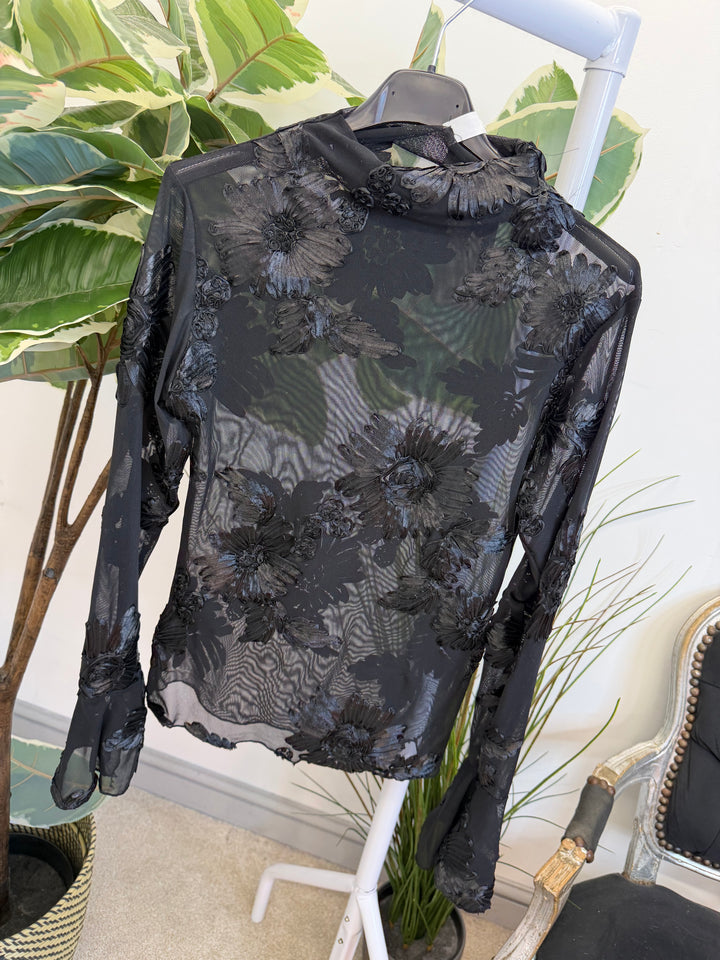 LADIES SHEER LACY TOP - BLUE, BLACK, WHITE, PINK & BROWN