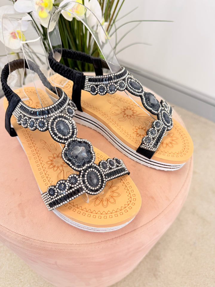 Ladies Fashion Black Jewelled Small Wedge Sandals Shoes