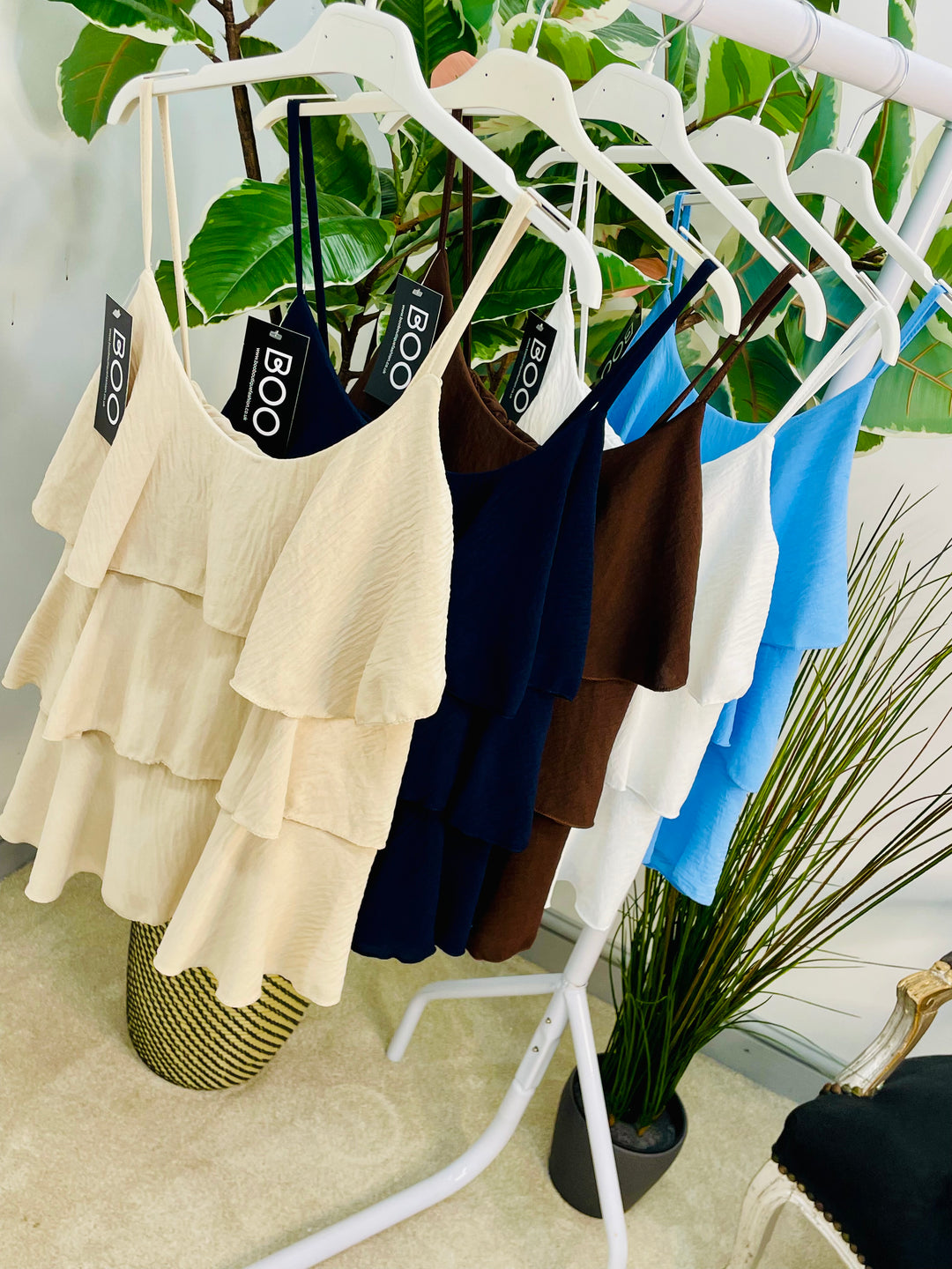 LADIES FRILL CAMI SUMMER TOP - WHITE, PALE BLUE, BROWN, NAVY & BEIGE