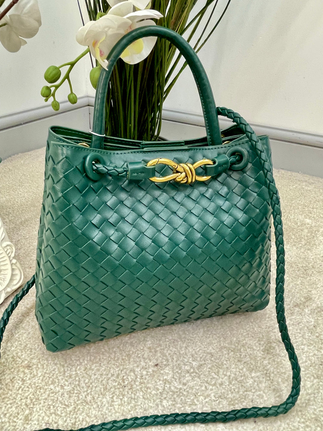 LADIES DESIGNER INSPIRED WOVEN HAND BAG - BLACK, GREEN, CAMEL & WINE