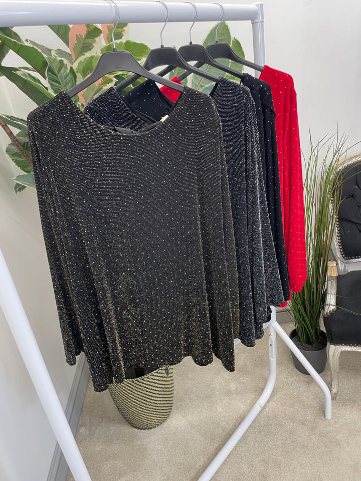 LADIES LUREX FLOATY BOW BACK TOP - BLACK, SILVER, GOLD, RED