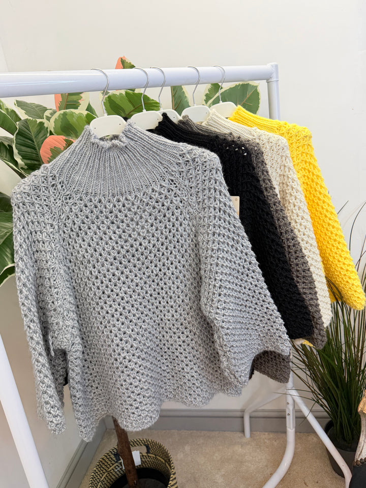 LADIES CHUNKY WAFFLE KNIT JUMPER - LEMON, BEIGE, BLACK, MOCHA & GREY