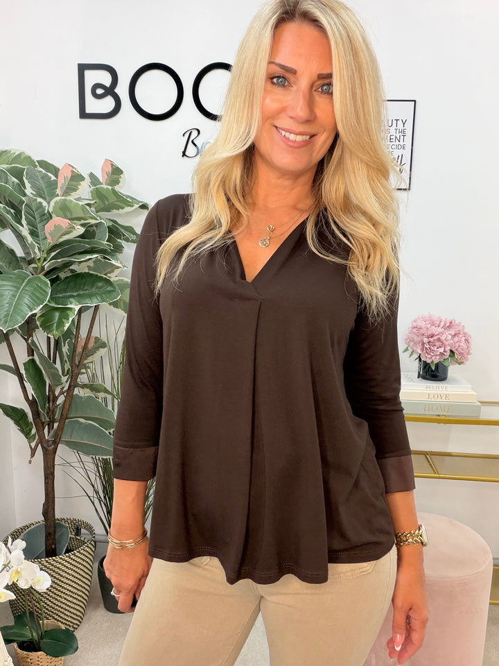 Ladies Fashion V Neck Top - White, Brown, Black, Beige, Wine, Khaki