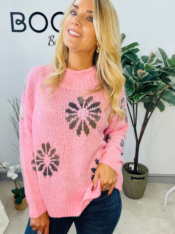 LADIES CONTRAST KNIT JUMPER - PINK, KHAKI & BEIGE