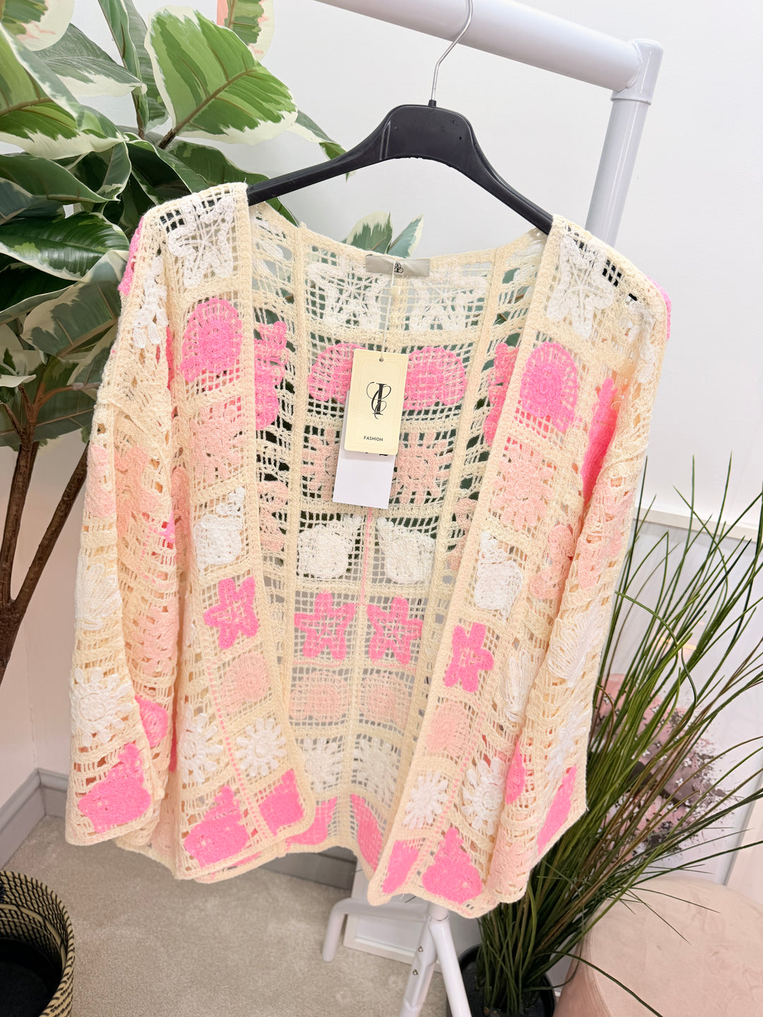 Ladies Fashion Beige Crochet Bolero Cardigan - pink, green & blue