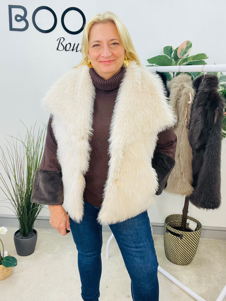 LADIES FASHION FAUX FUR GILET - BEIGE, BLACK, BROWN & CREAM