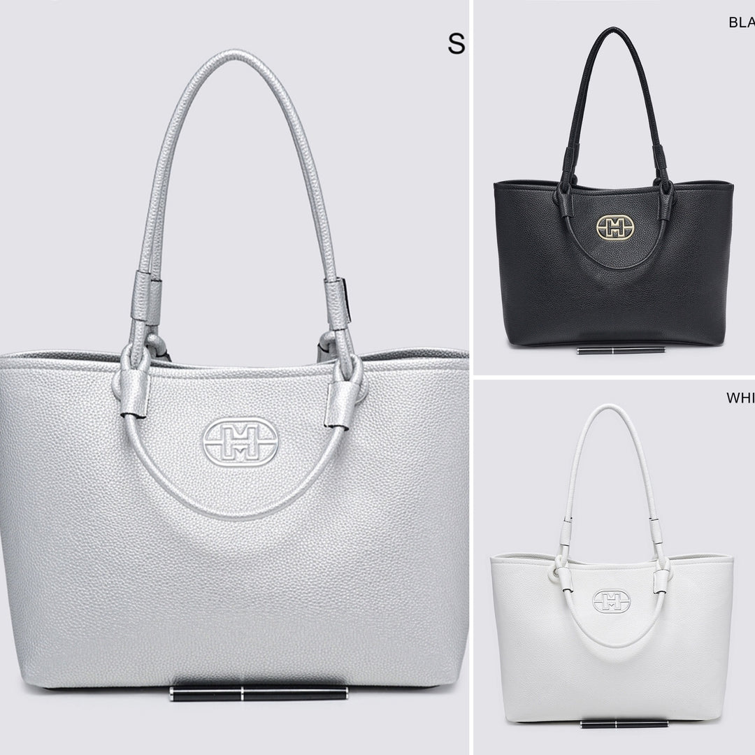 LADIES FASHION TOTE BAG - WHITE, BLACK & SILVER