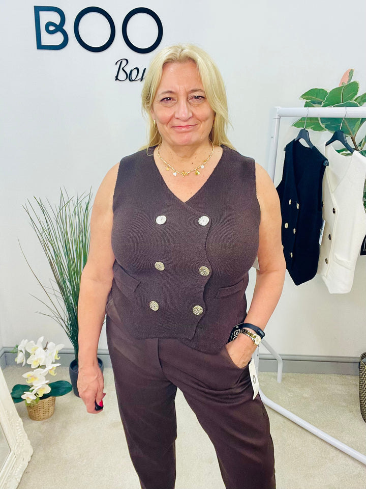 LADIES KNITTED DOUBLE BREASTED SLEEVELESS WAISTCOAT - WHITE, BLACK & BROWN
