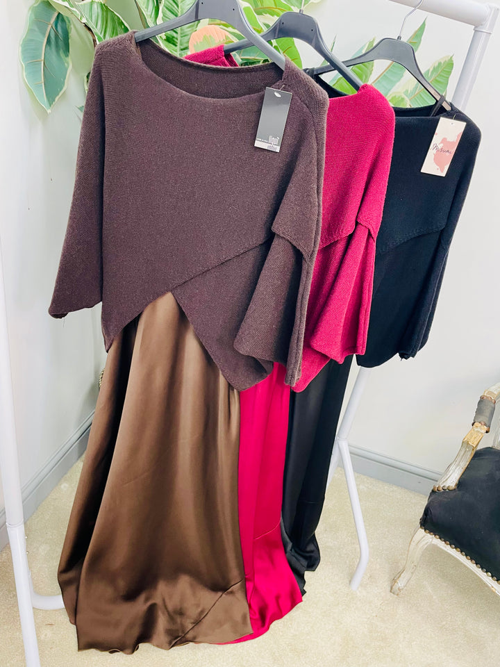 LADIES SATIN DRESS & JUMPER SET - BLACK, BROWN, BURGUNDY