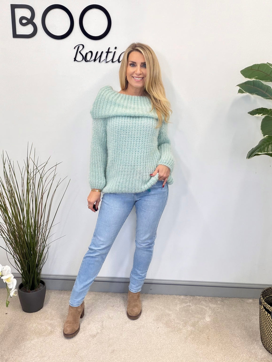 LADIES FLUFFY KNIT BARDOT JUMPER - MINT, BLACK, CREAM, PINK, LEMON & MOCHA