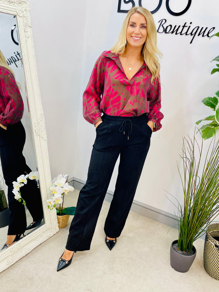 LADIES V NECK FLOATY TOP BLOUSE - BROWN, BLUE, RASPBERRY, BLACK