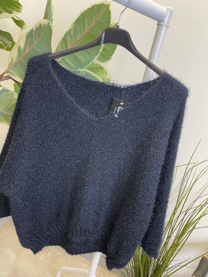 LADIES FLUFFY KNIT V NECK JUMPER - BROWN, BERRY, BLACK & NAVY