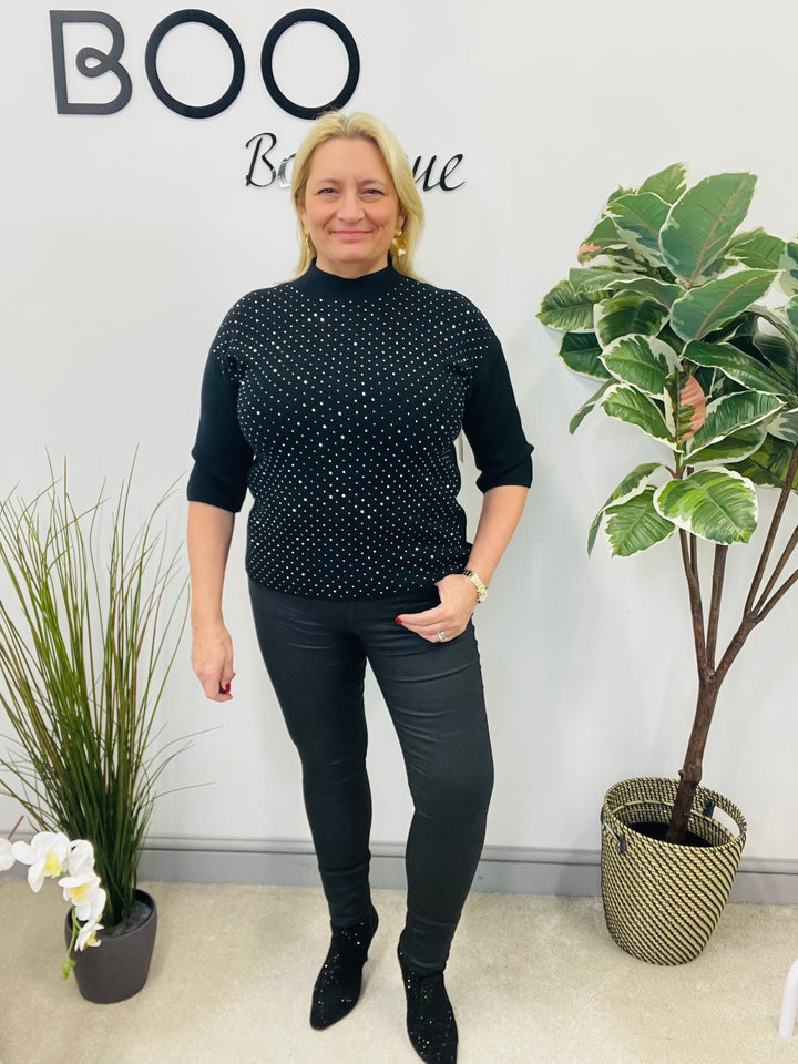 LADIES BLACK SPARKLY STUD SHORT SLEEVE JUMPER