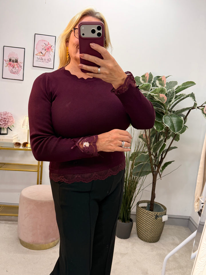 Ladies Fashion Lace Edge Stretch Top Jumper - Camel, Black, Wine & Brown