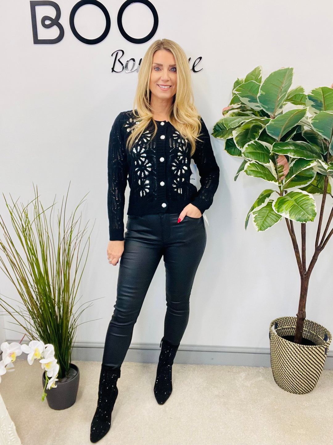 LADIES CROCHET SEQUIN CARDIGAN JUMPER - BLACK & WHITE