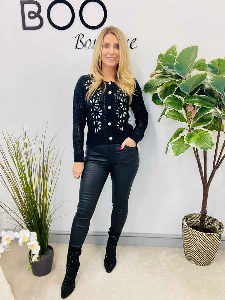 LADIES CROCHET SEQUIN CARDIGAN JUMPER - BLACK & WHITE