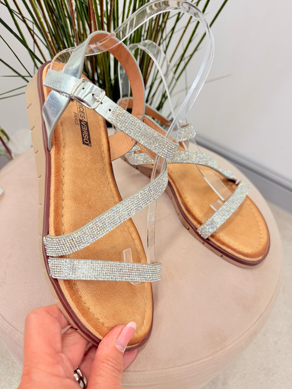 Ladies Diamante Small Wedge Heel Sandals - gold and silver