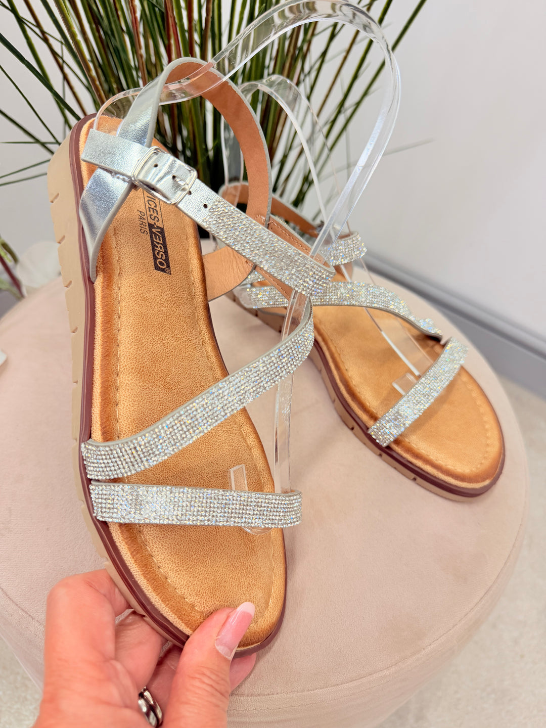 Ladies Diamante Small Wedge Heel Sandals - gold and silver