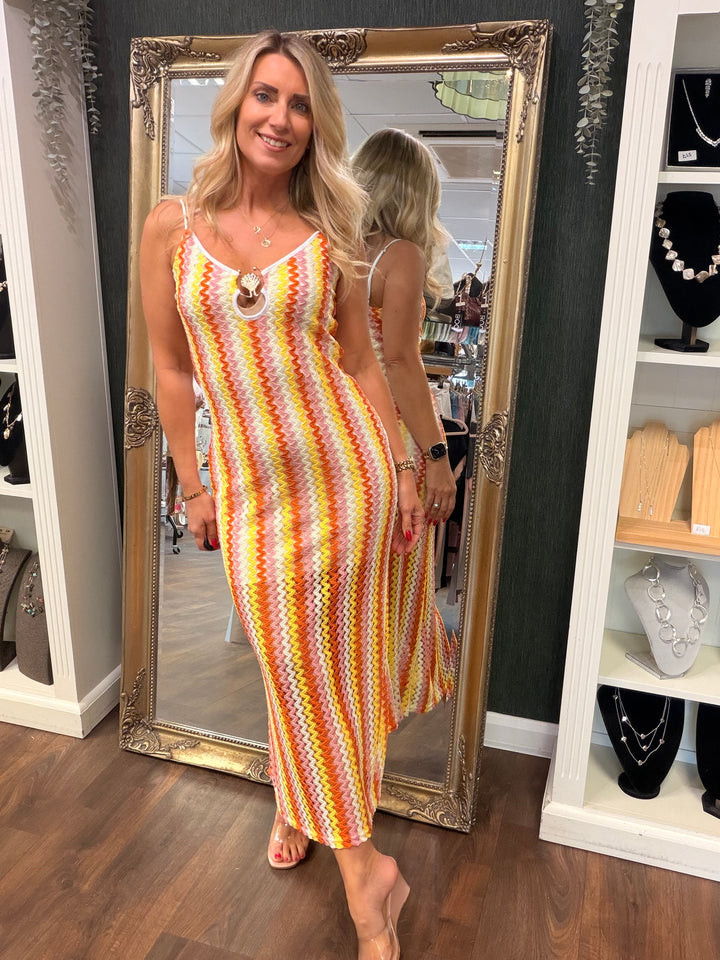 Ladies Fashion Crochet Summer Maxi Dress - Red, Yellow, Orange & Green