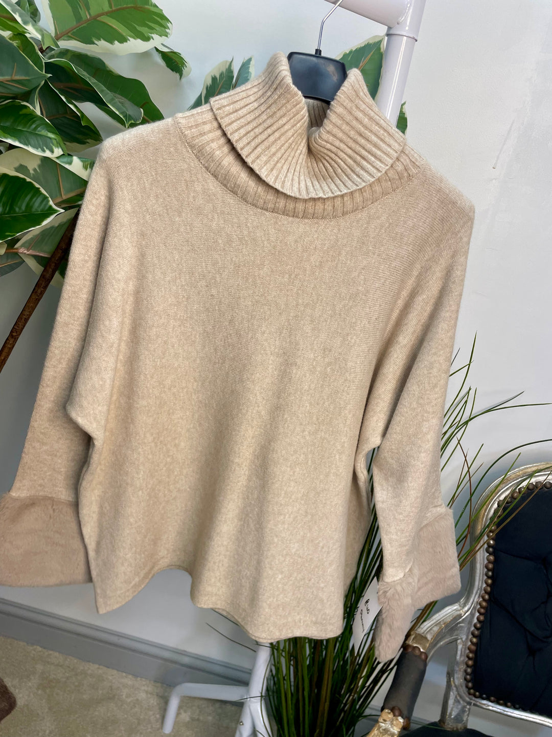 LADIES KNITTED FAUX FUR CUFF JUMPER - BURGUNDY, GREY, BLACK, BROWN, BEIGE, CAMEL
