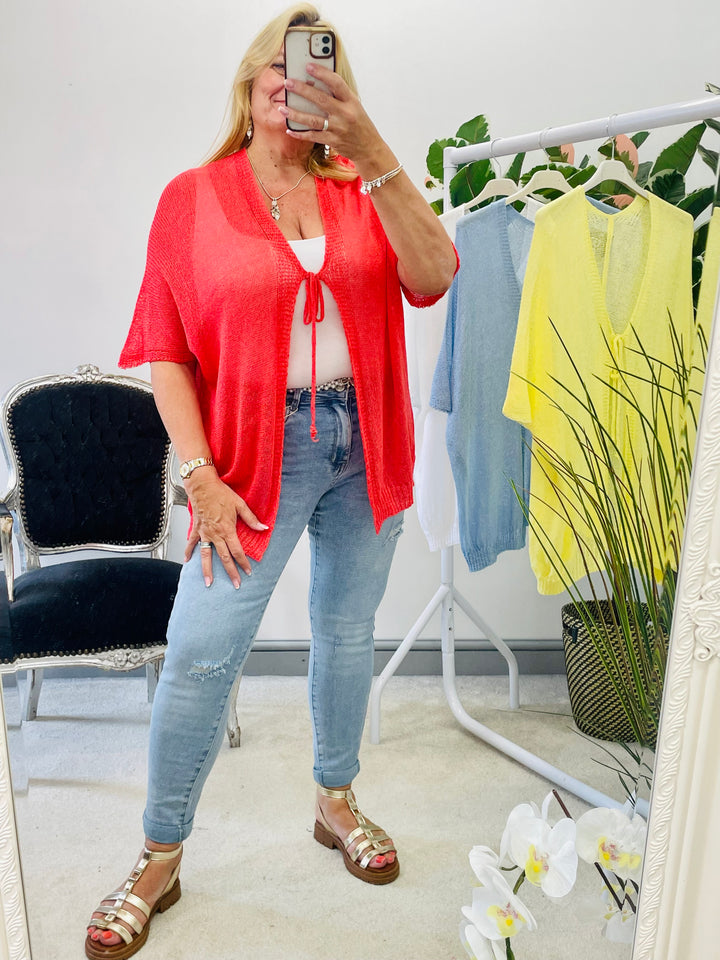 LADIES WOMENS FINE KNIT SUMMER HOLIDAY CARDIGAN - YELLOW, WHITE, CORAL & BLUE