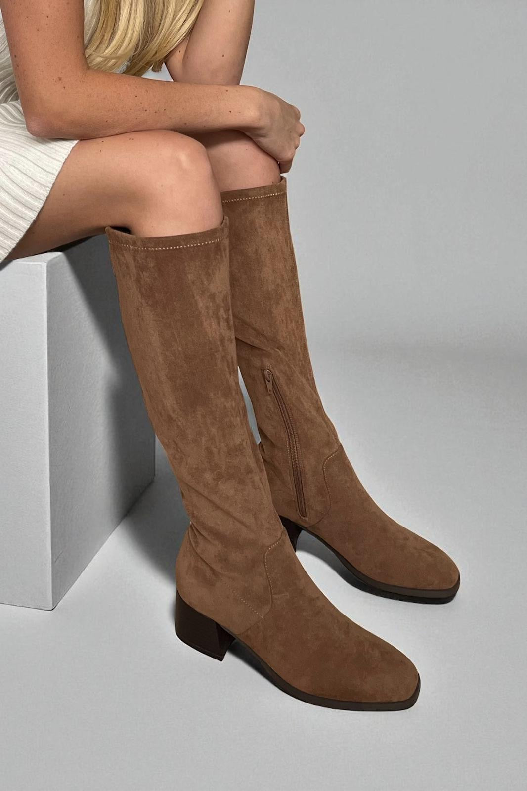 LADIES CAMEL TAN FAUX SUEDE CALF BOOTS
