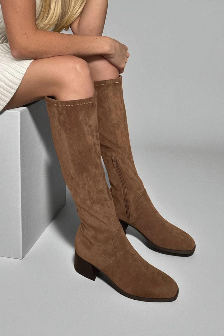 LADIES CAMEL TAN FAUX SUEDE CALF BOOTS