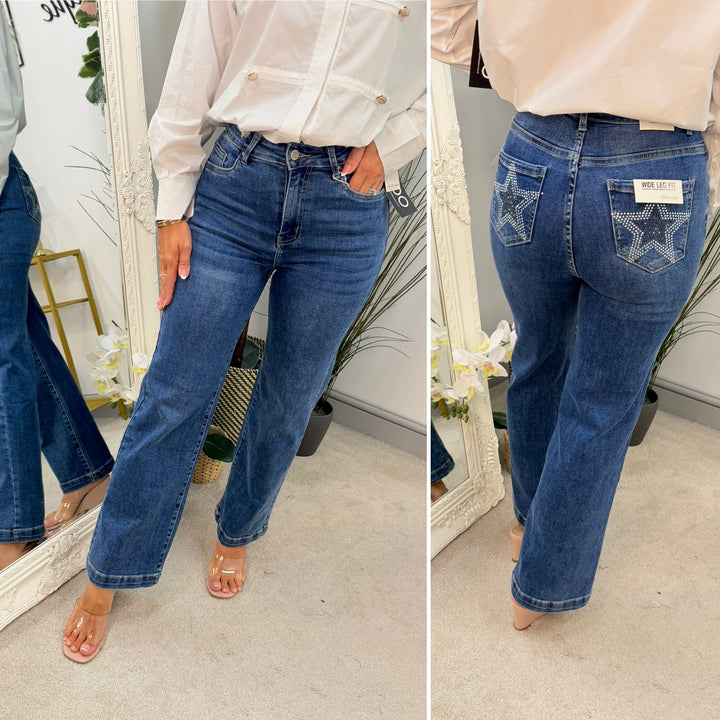 Ladies Fashion Wide Leg Denim Diamante Jeans