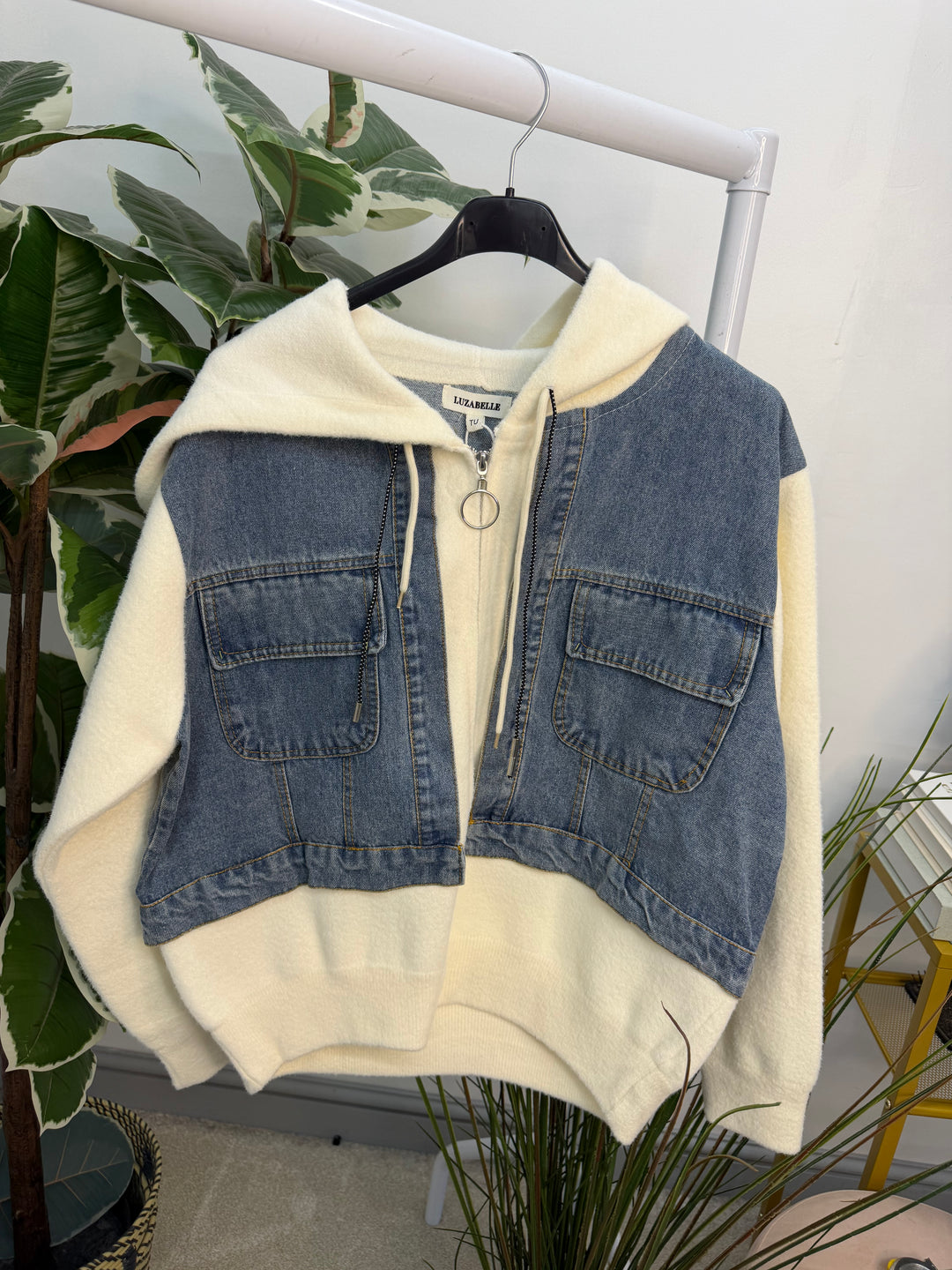 The JAZZ cream knit blue denim hoodie jacket