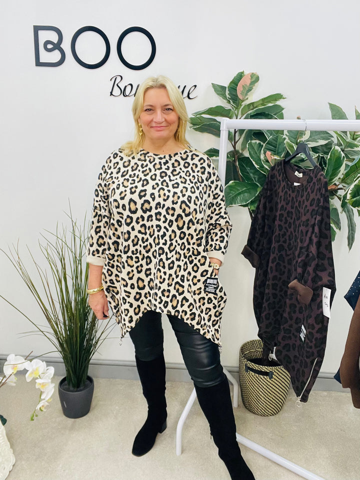 LADIES SCUBA ANIMAL PRINT SWEATSHIRT TOP - BROWN & BEIGE