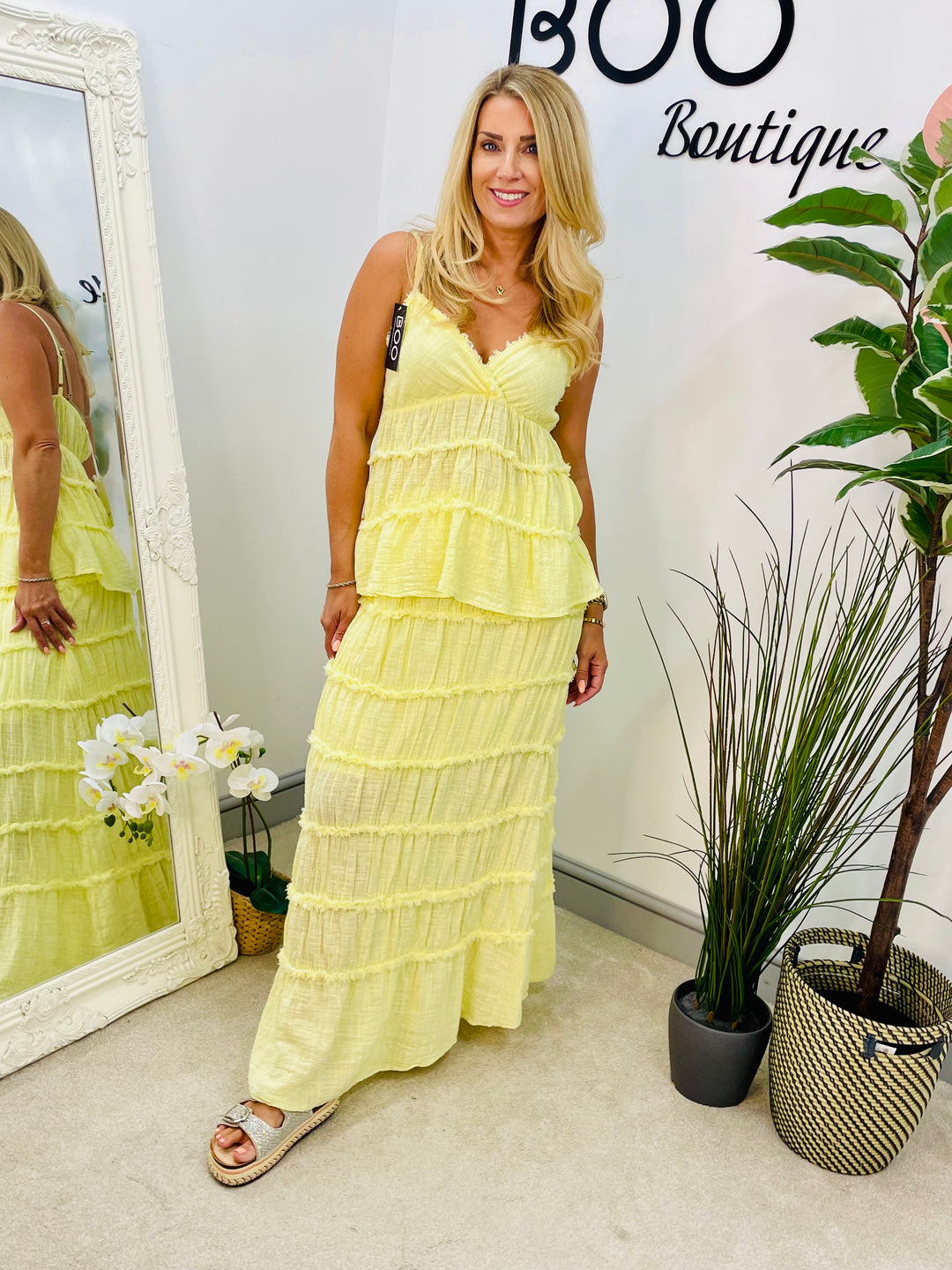 LADIES CAMI TOP MAXI SKIRT SUMMER CO ORD SET - YELLOW, WHITE & RUST