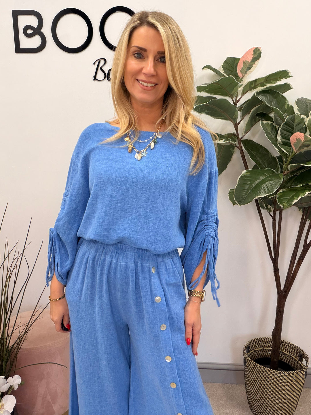 Ladies Fashion Ruche Sleeve Teabag Linen Top royal blue