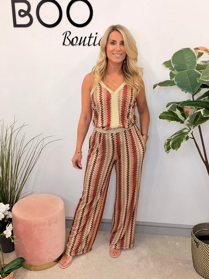 Ladies Fashion Zig Zag Print Wide Leg Trouser Co Ord Set - Khaki & Brown